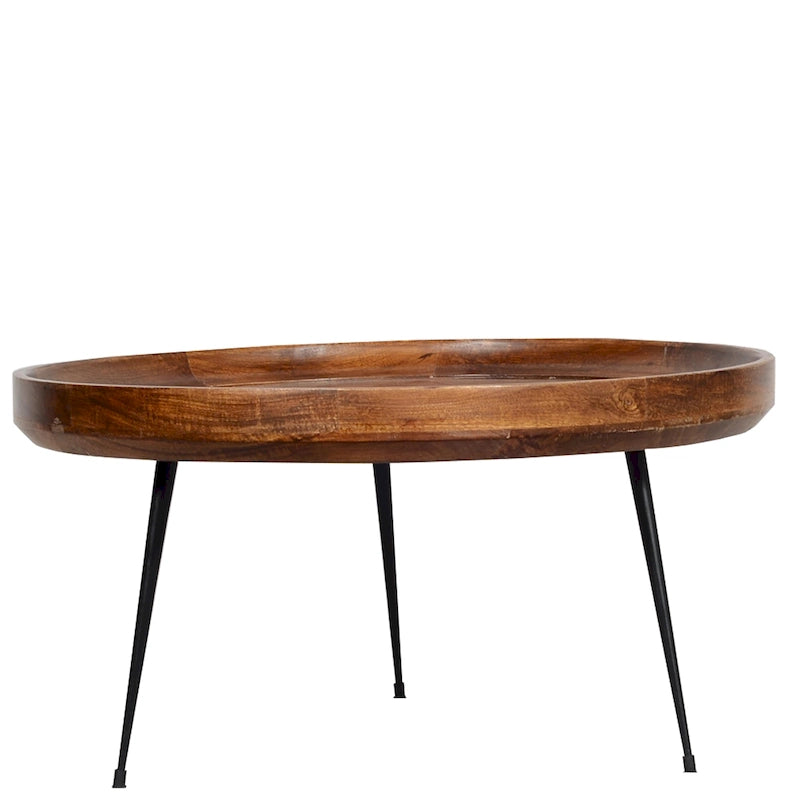 Table basse ronde en bois de manguier brun et noir avec pieds métalliques évasés