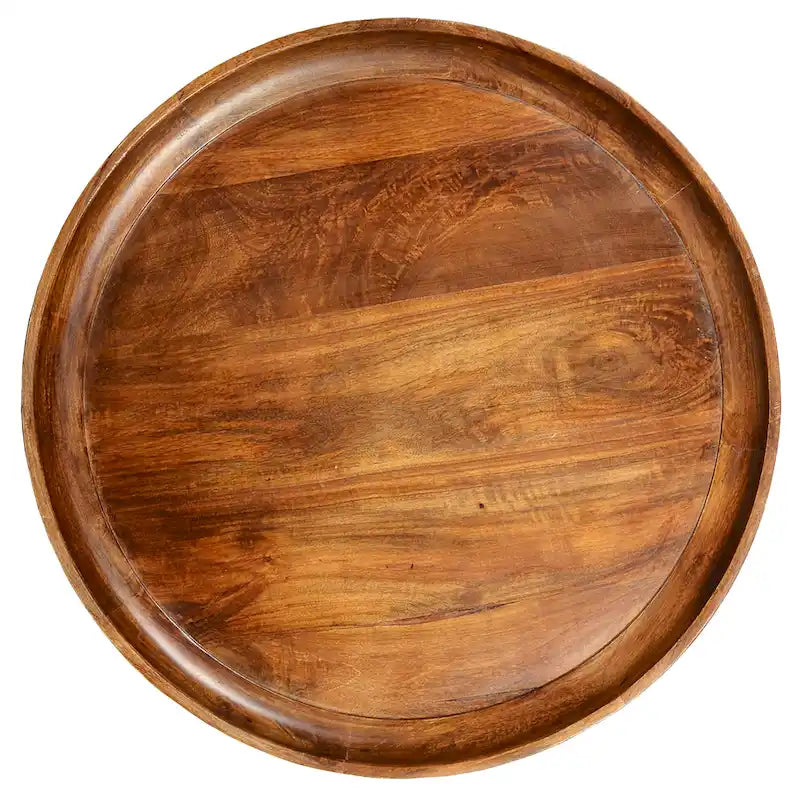 Table basse ronde en bois de manguier brun et noir avec pieds métalliques évasés