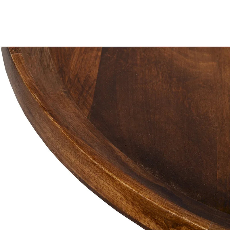 Table basse ronde en bois de manguier brun et noir avec pieds métalliques évasés