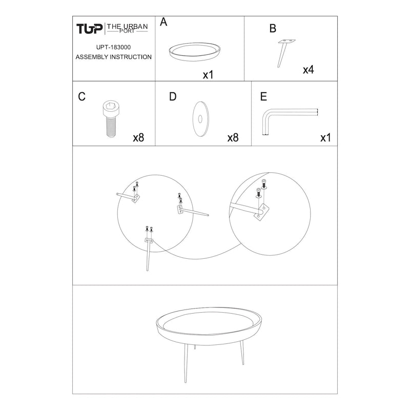 Table basse ronde en bois de manguier brun et noir avec pieds métalliques évasés