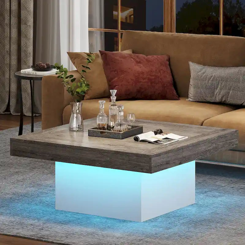 Table basse carrée industrielle rustique à LED 6 couleurs avec éclairage intégré