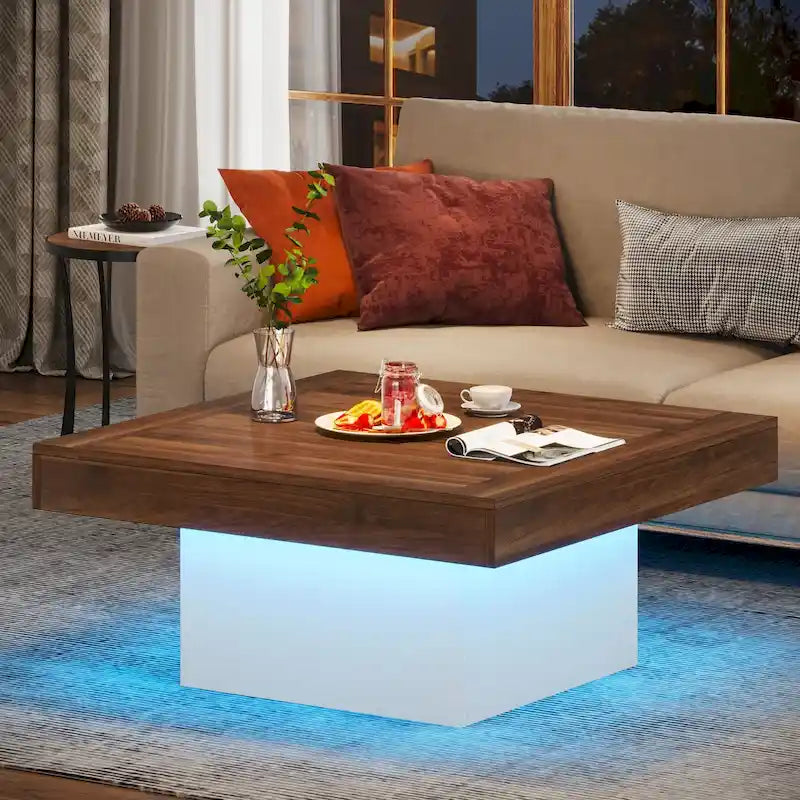 Table basse carrée industrielle rustique à LED 6 couleurs avec éclairage intégré