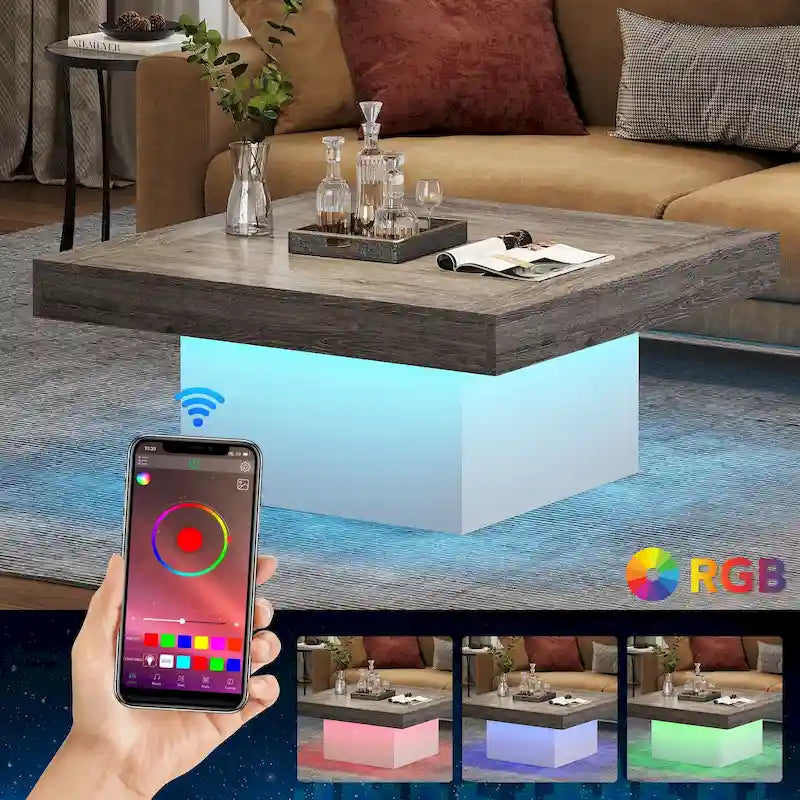 Table basse carrée industrielle rustique à LED 6 couleurs avec éclairage intégré