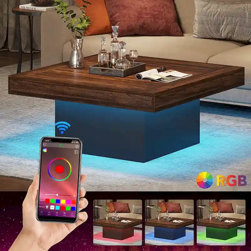 Table basse carrée industrielle rustique à LED 6 couleurs avec éclairage intégré