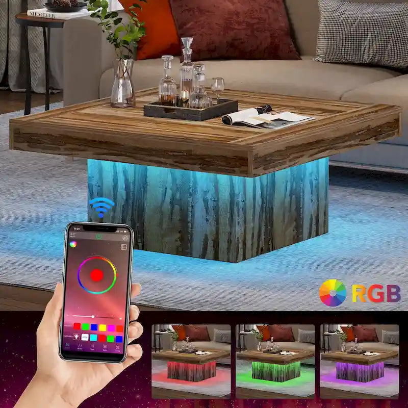 Table basse carrée industrielle rustique à LED 6 couleurs avec éclairage intégré
