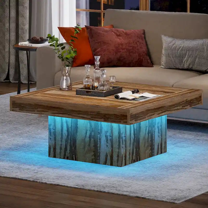 Table basse carrée industrielle rustique à LED 6 couleurs avec éclairage intégré