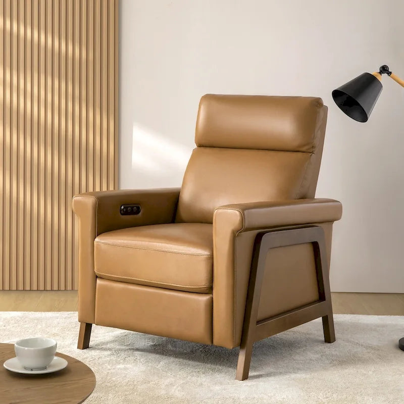 Fauteuil inclinable électrique en cuir véritable mi-siècle 3 couleurs avec port USB et repose-pieds rétractable pour 1 personne