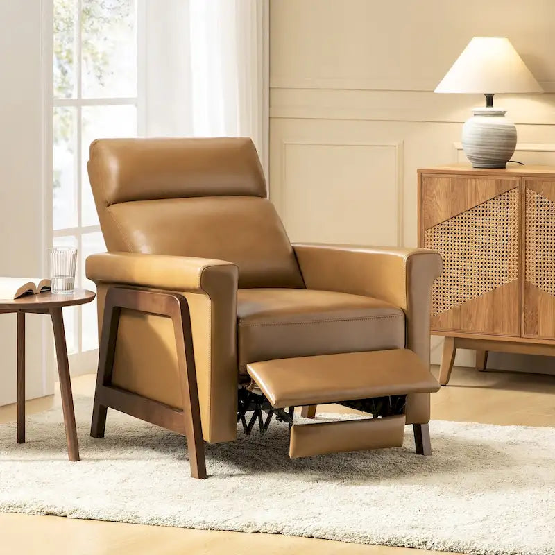 Fauteuil inclinable électrique en cuir véritable mi-siècle 3 couleurs avec port USB et repose-pieds rétractable pour 1 personne