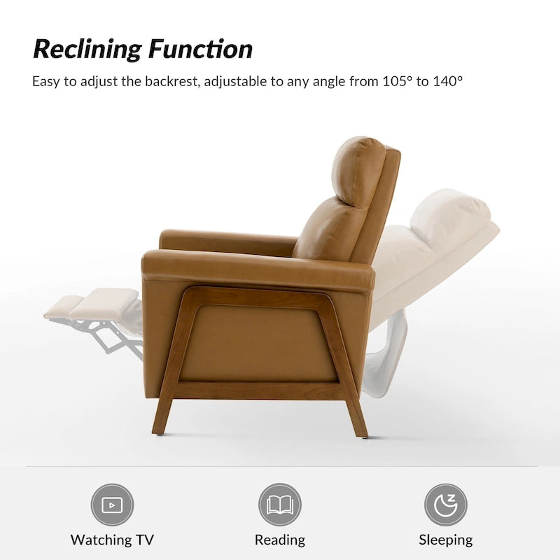 Fauteuil inclinable électrique en cuir véritable mi-siècle 3 couleurs avec port USB et repose-pieds rétractable pour 1 personne