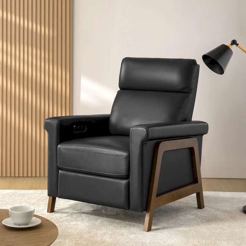 Fauteuil inclinable électrique en cuir véritable mi-siècle 3 couleurs avec port USB et repose-pieds rétractable pour 1 personne