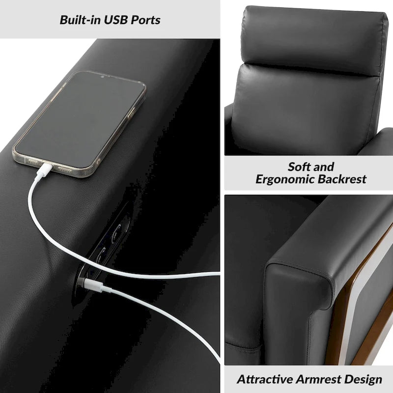 Fauteuil inclinable électrique en cuir véritable mi-siècle 3 couleurs avec port USB et repose-pieds rétractable pour 1 personne