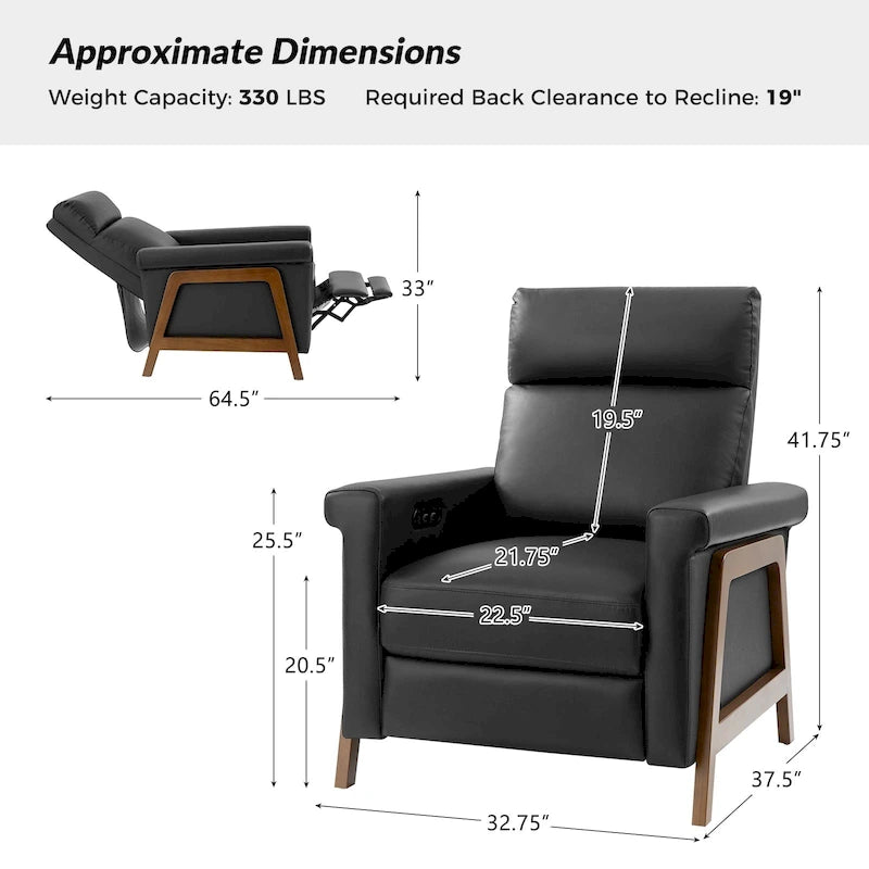 Fauteuil inclinable électrique en cuir véritable mi-siècle 3 couleurs avec port USB et repose-pieds rétractable pour 1 personne