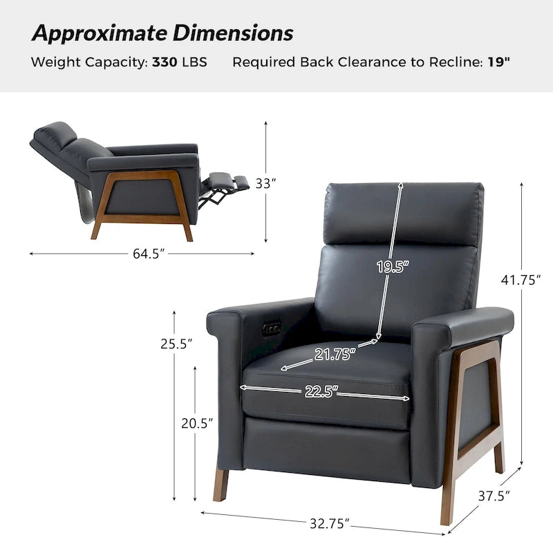 Fauteuil inclinable électrique en cuir véritable mi-siècle 3 couleurs avec port USB et repose-pieds rétractable pour 1 personne
