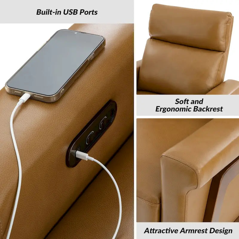 Fauteuil inclinable électrique en cuir véritable mi-siècle 3 couleurs avec port USB et repose-pieds rétractable pour 1 personne