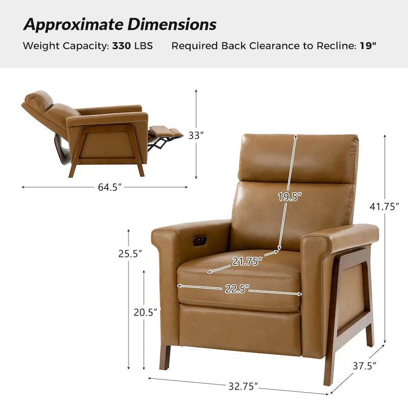 Fauteuil inclinable électrique en cuir véritable mi-siècle 3 couleurs avec port USB et repose-pieds rétractable pour 1 personne
