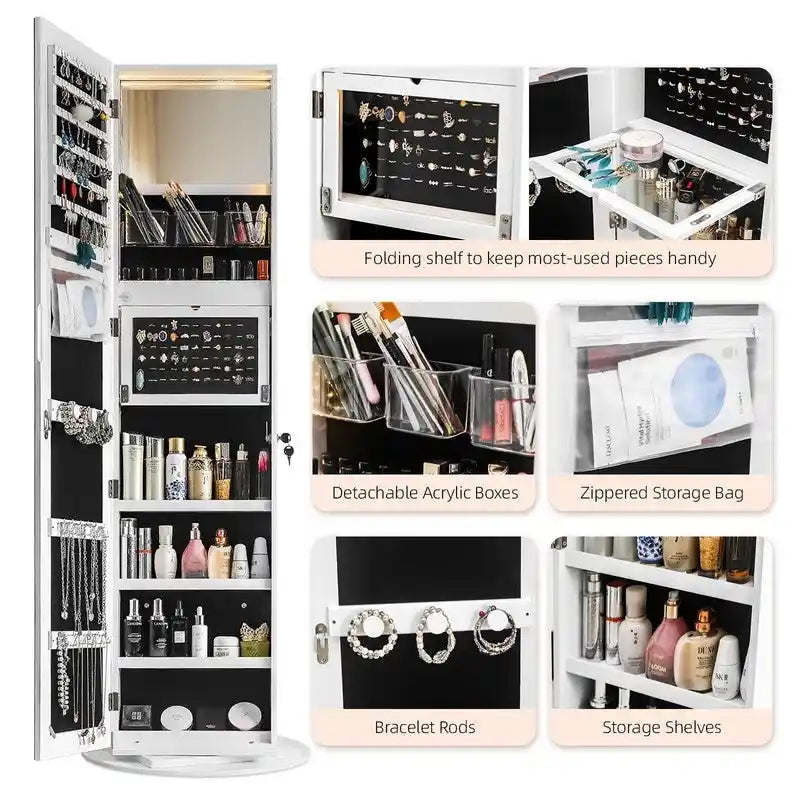 Meuble à Bijoux Rotatif à 360° Blanc Verrouillable avec Miroir Pleine Longueur et Lumière LED pour 1