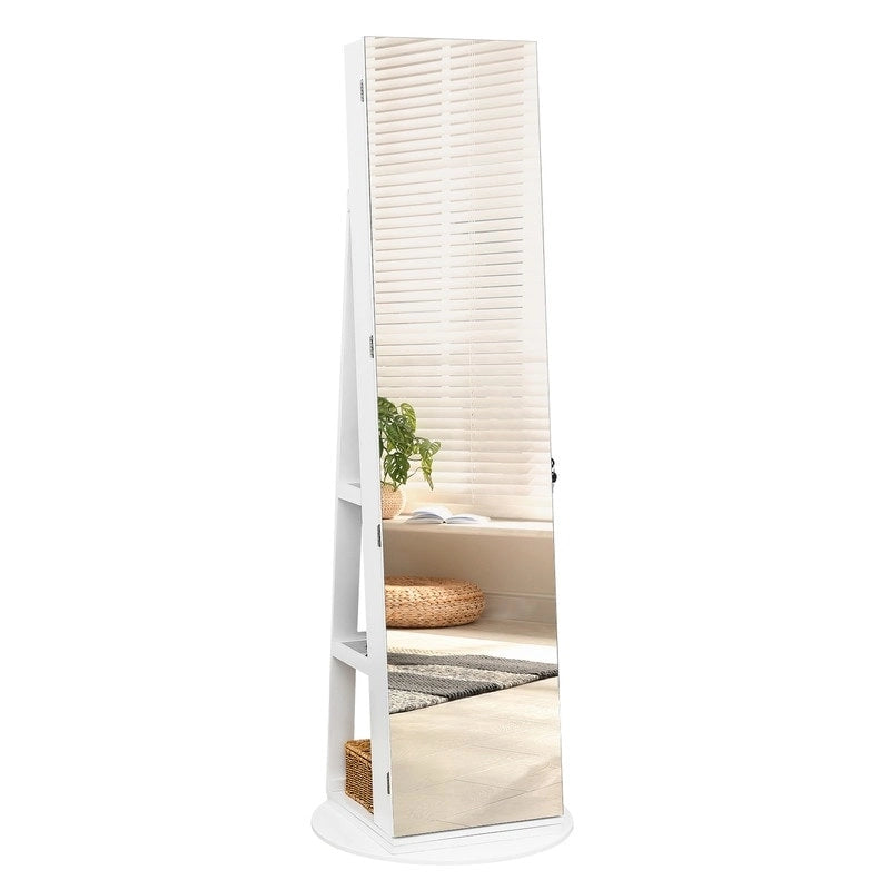Meuble à Bijoux Rotatif à 360° Blanc Verrouillable avec Miroir Pleine Longueur et Lumière LED pour 1