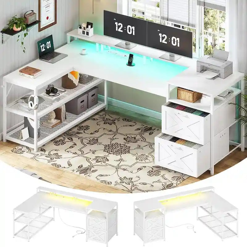 Bureau de jeu réversible en L 3 couleurs de 170 cm avec LED RGB, prise de courant et 2 tiroirs de classement pour 1 personne