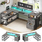 Bureau de jeu réversible en L 3 couleurs de 170 cm avec LED RGB, prise de courant et 2 tiroirs de classement pour 1 personne