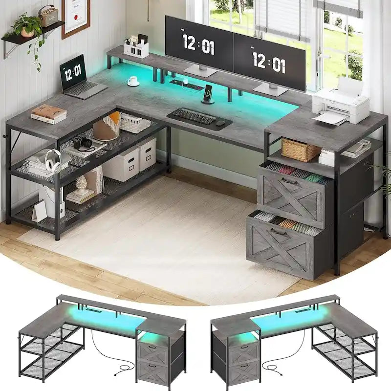 Bureau de jeu réversible en L 3 couleurs de 170 cm avec LED RGB, prise de courant et 2 tiroirs de classement pour 1 personne