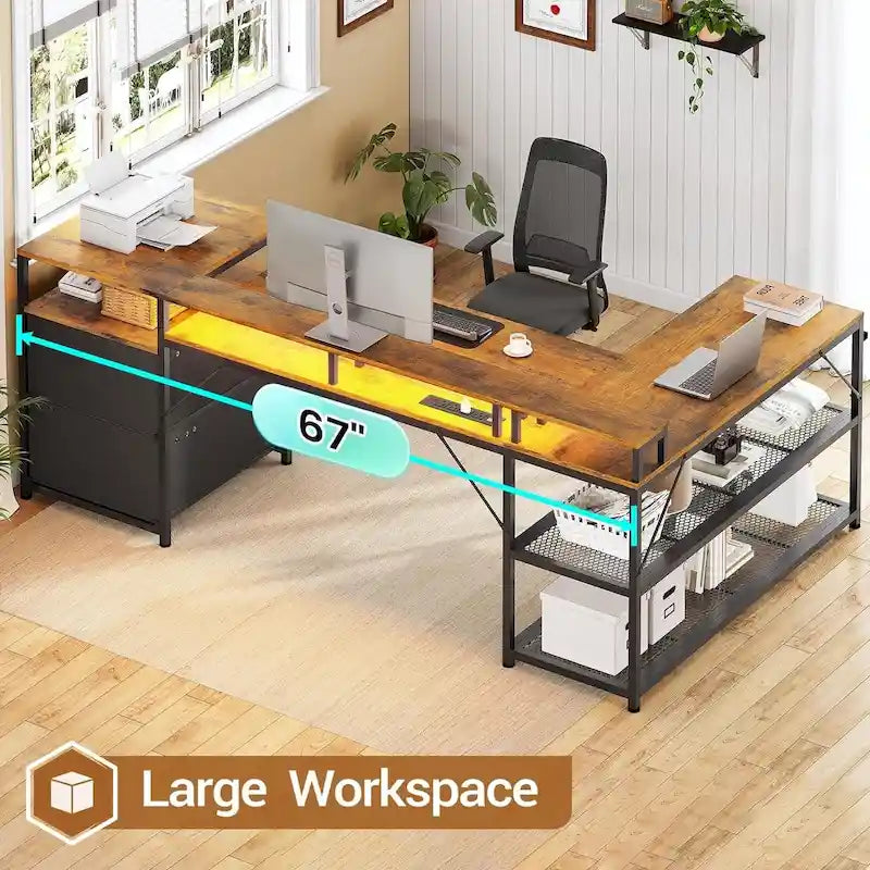 Bureau de jeu réversible en L 3 couleurs de 170 cm avec LED RGB, prise de courant et 2 tiroirs de classement pour 1 personne