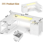 Bureau de jeu réversible en L 3 couleurs de 170 cm avec LED RGB, prise de courant et 2 tiroirs de classement pour 1 personne