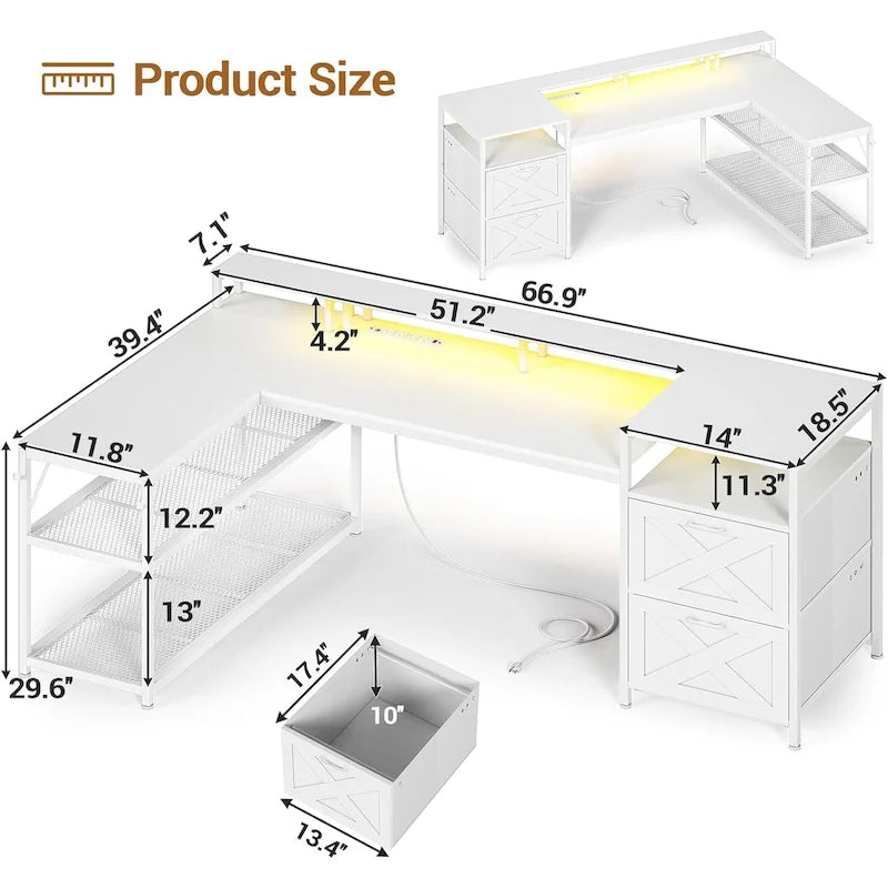 Bureau de jeu réversible en L 3 couleurs de 170 cm avec LED RGB, prise de courant et 2 tiroirs de classement pour 1 personne
