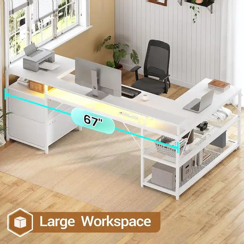 Bureau de jeu réversible en L 3 couleurs de 170 cm avec LED RGB, prise de courant et 2 tiroirs de classement pour 1 personne
