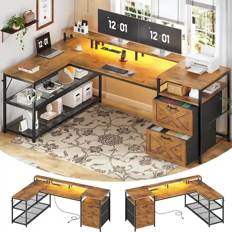 Bureau de jeu réversible en L 3 couleurs de 170 cm avec LED RGB, prise de courant et 2 tiroirs de classement pour 1 personne