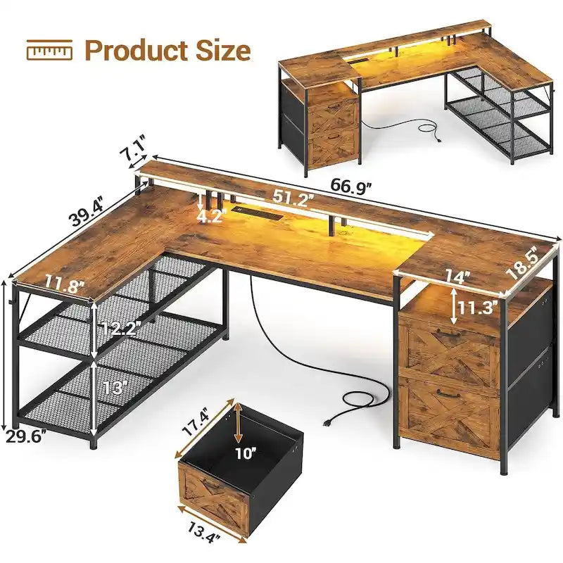 Bureau de jeu réversible en L 3 couleurs de 170 cm avec LED RGB, prise de courant et 2 tiroirs de classement pour 1 personne