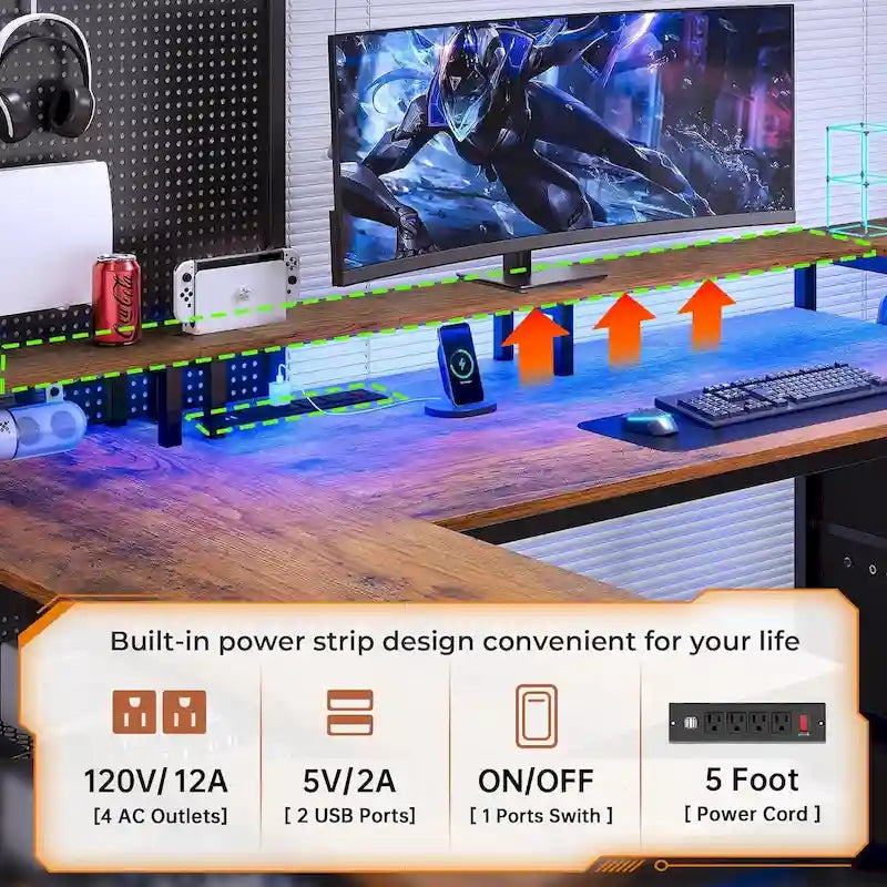 Bureau de jeu réversible en L 3 couleurs de 170 cm avec LED RGB, prise de courant et 2 tiroirs de classement pour 1 personne