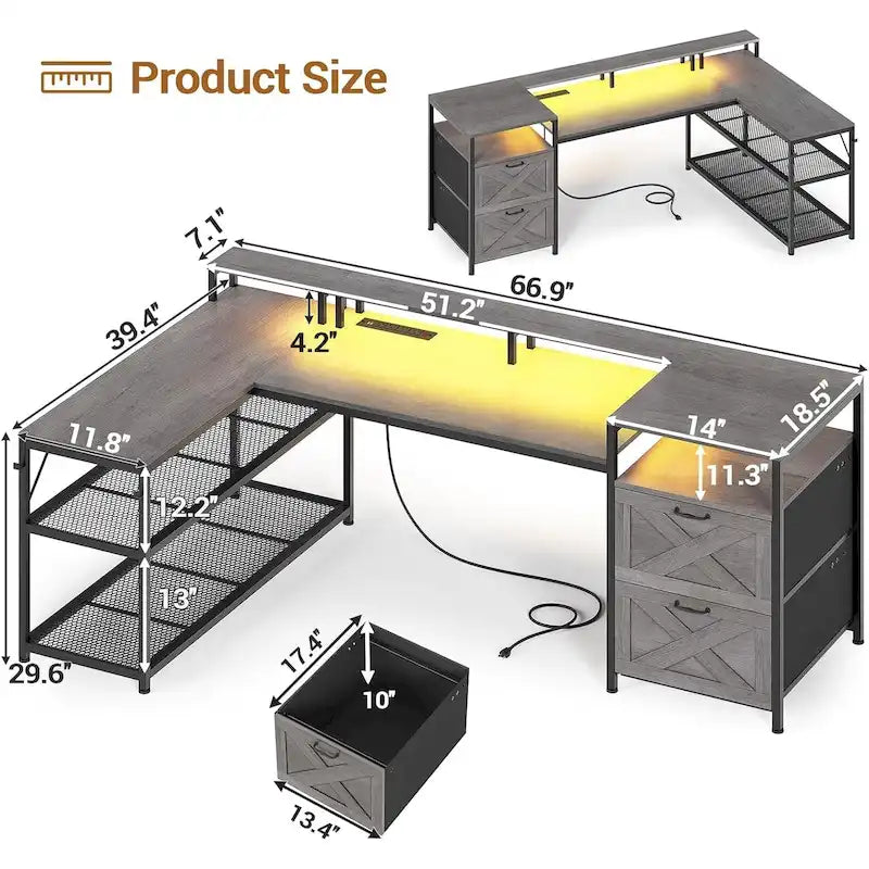 Bureau de jeu réversible en L 3 couleurs de 170 cm avec LED RGB, prise de courant et 2 tiroirs de classement pour 1 personne