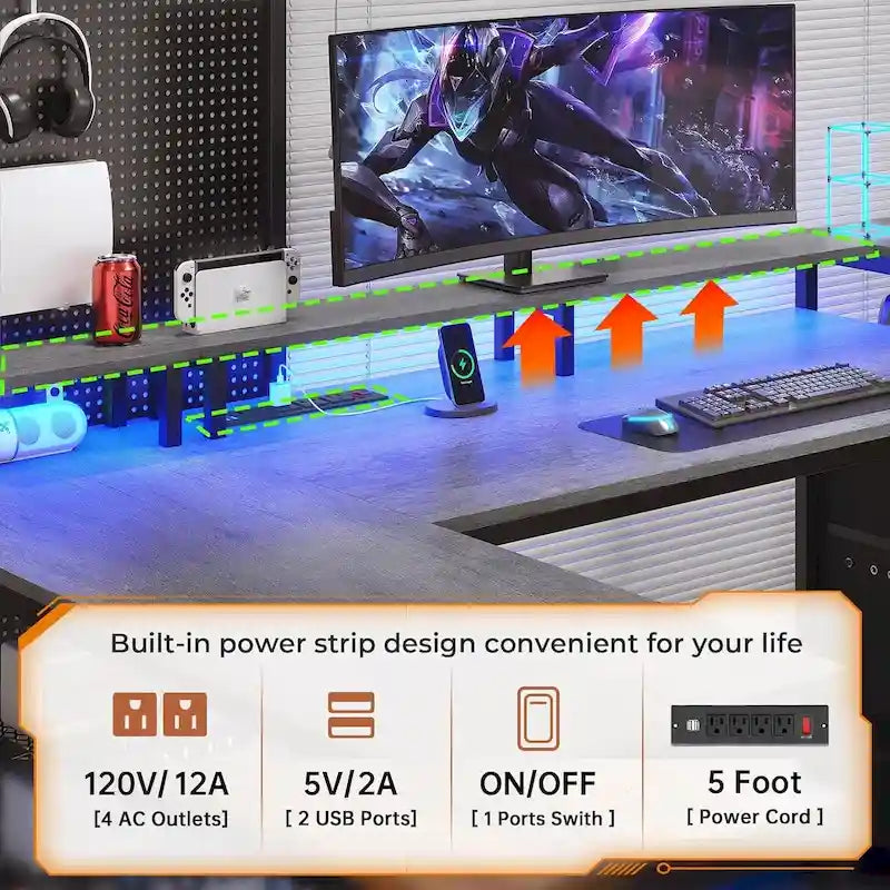 Bureau de jeu réversible en L 3 couleurs de 170 cm avec LED RGB, prise de courant et 2 tiroirs de classement pour 1 personne