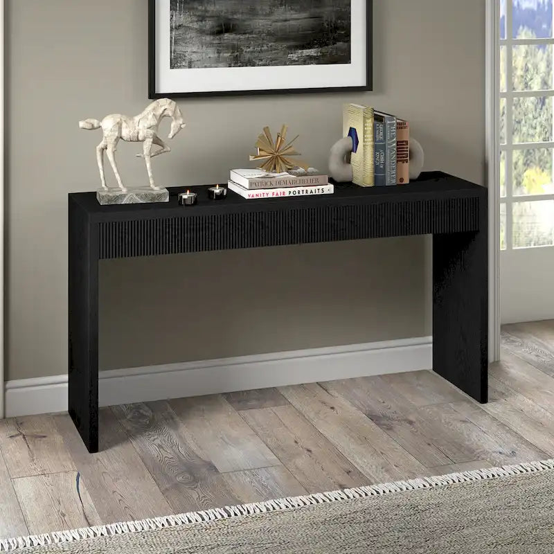 Console de 55" moderne et cannelée en grain noir et blanc d'aulne