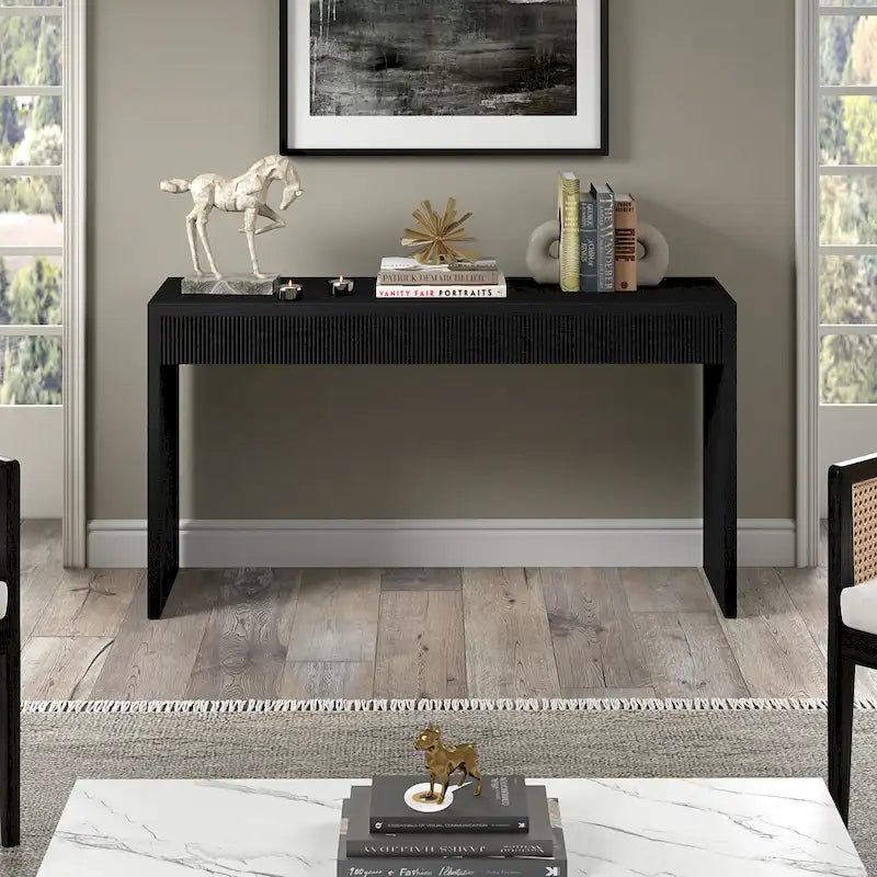 Console de 55" moderne et cannelée en grain noir et blanc d'aulne