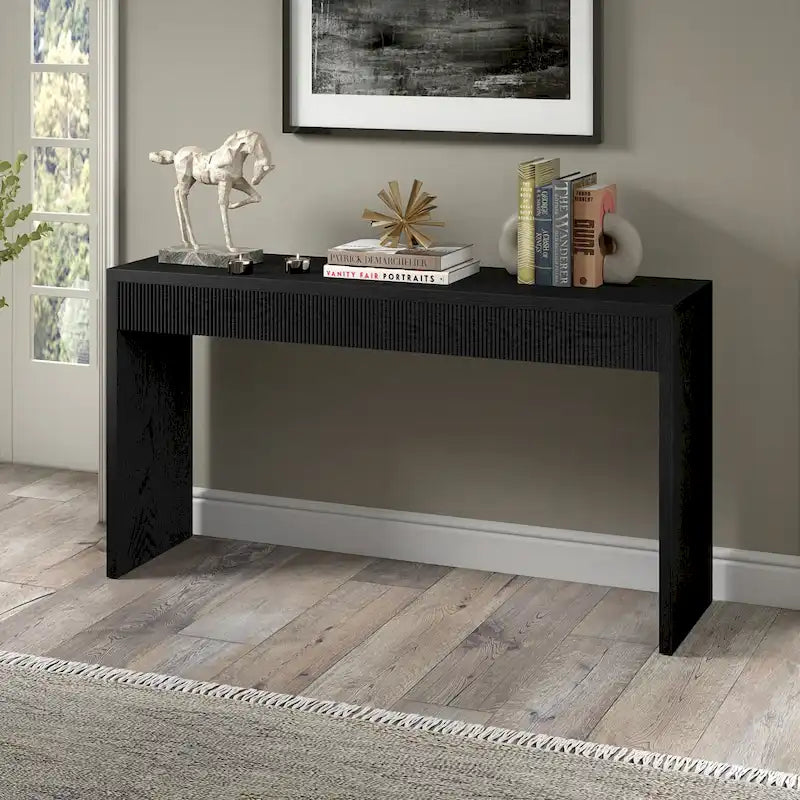 Console de 55" moderne et cannelée en grain noir et blanc d'aulne
