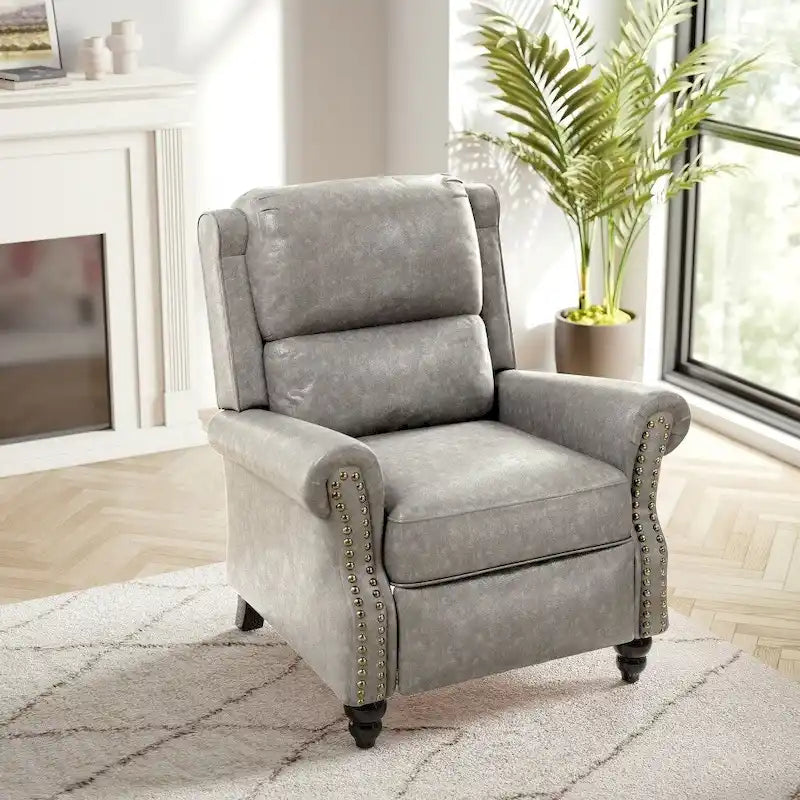 Fauteuil inclinable classique en cuir PU 3 couleurs avec accoudoirs cloutés et pieds en bois pour 1 personne