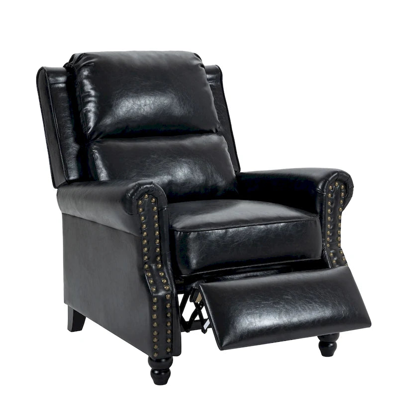 Fauteuil inclinable classique en cuir PU 3 couleurs avec accoudoirs cloutés et pieds en bois pour 1 personne
