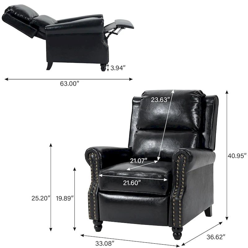 Fauteuil inclinable classique en cuir PU 3 couleurs avec accoudoirs cloutés et pieds en bois pour 1 personne
