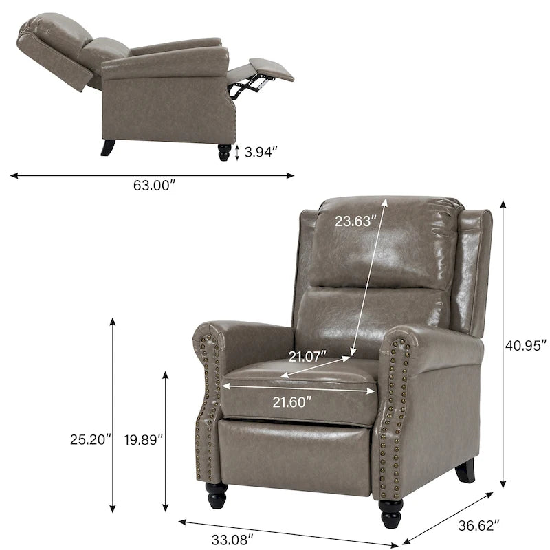 Fauteuil inclinable classique en cuir PU 3 couleurs avec accoudoirs cloutés et pieds en bois pour 1 personne