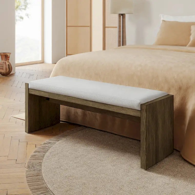 Banc rembourré de transition marron avec coussin réversible et pieds en hévéa