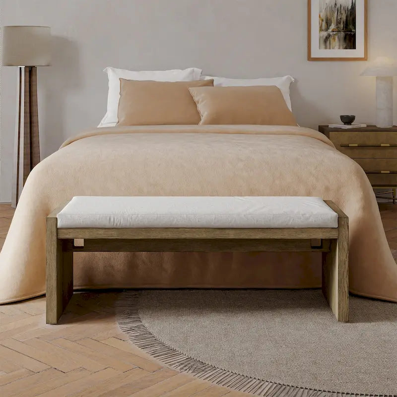 Banc rembourré de transition marron avec coussin réversible et pieds en hévéa