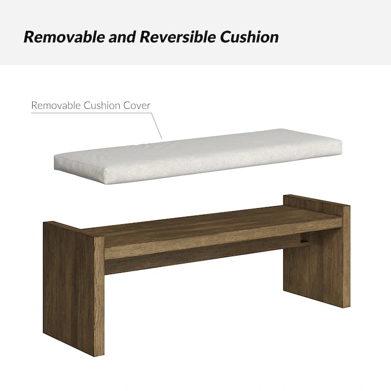 Banc rembourré de transition marron avec coussin réversible et pieds en hévéa