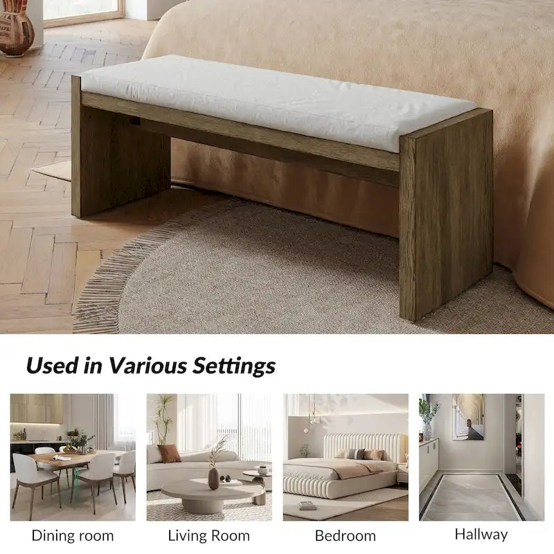 Banc rembourré de transition marron avec coussin réversible et pieds en hévéa