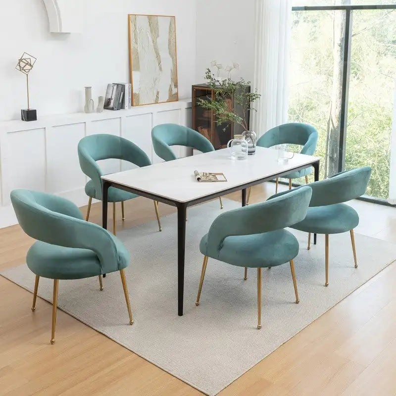 Lot de 6 chaises de salle à manger en velours vert/beige/gris/noir/bleu marine à dossier ouvert, pour 6 personnes