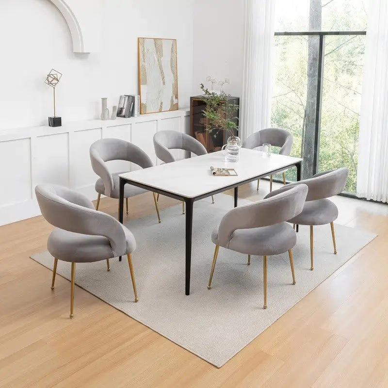 Lot de 6 chaises de salle à manger en velours vert/beige/gris/noir/bleu marine à dossier ouvert, pour 6 personnes