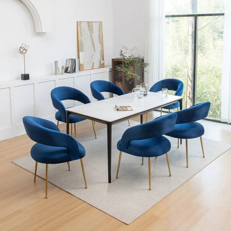 Lot de 6 chaises de salle à manger en velours vert/beige/gris/noir/bleu marine à dossier ouvert, pour 6 personnes