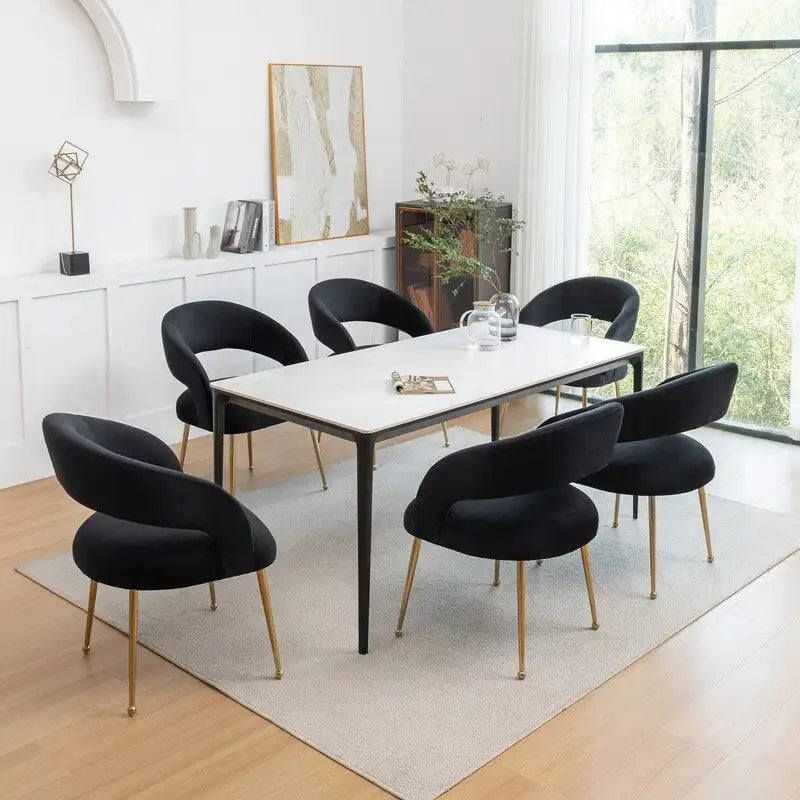 Lot de 6 chaises de salle à manger en velours vert/beige/gris/noir/bleu marine à dossier ouvert, pour 6 personnes