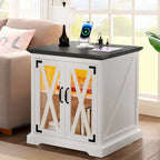 Table d'appoint de ferme blanche/chêne avec station de recharge, lumière LED et étagère de rangement