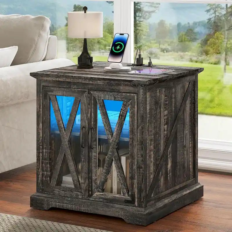 Table d'appoint de ferme blanche/chêne avec station de recharge, lumière LED et étagère de rangement